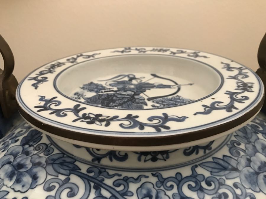 HUGE Signed Blue And White Asian Tea Pot With Brass Handle And Presentation Stand [Photo 6]