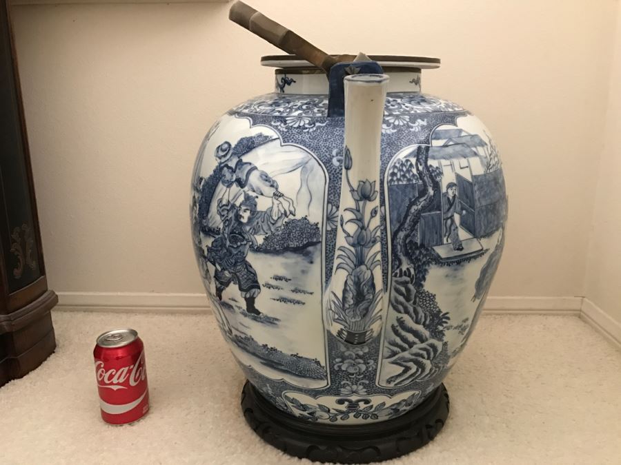 HUGE Signed Blue And White Asian Tea Pot With Brass Handle And Presentation Stand [Photo 9]