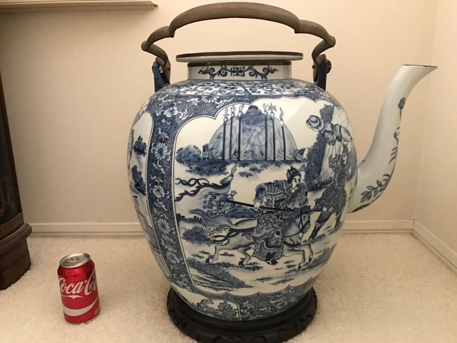 HUGE Signed Blue And White Asian Tea Pot With Brass Handle And Presentation Stand [Photo 14]