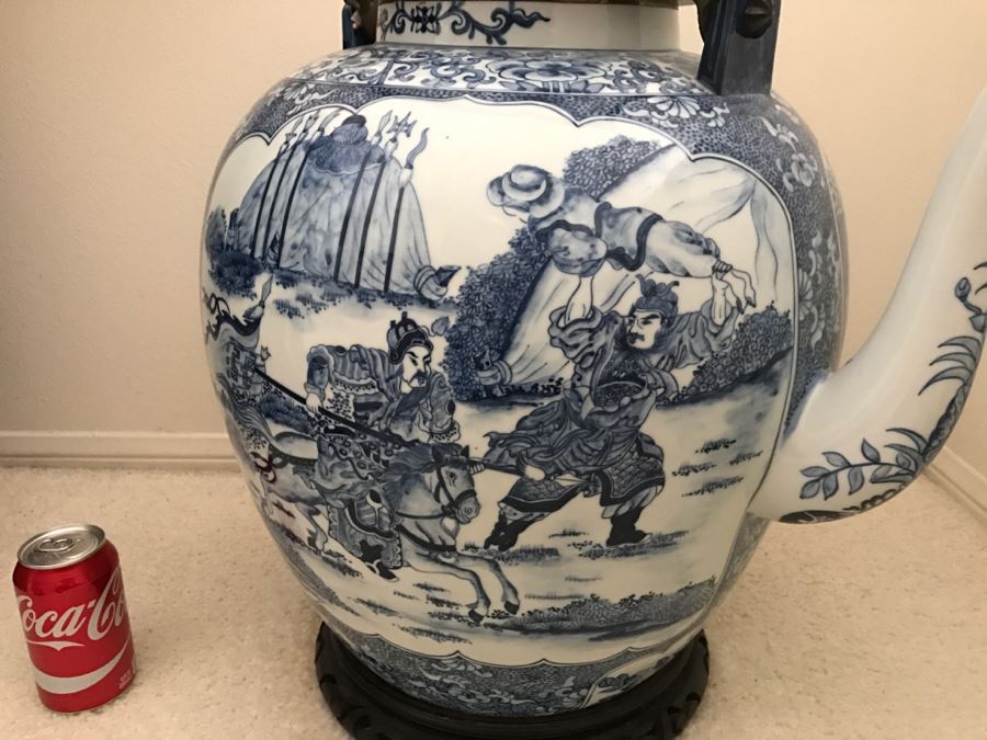 HUGE Signed Blue And White Asian Tea Pot With Brass Handle And Presentation Stand [Photo 11]
