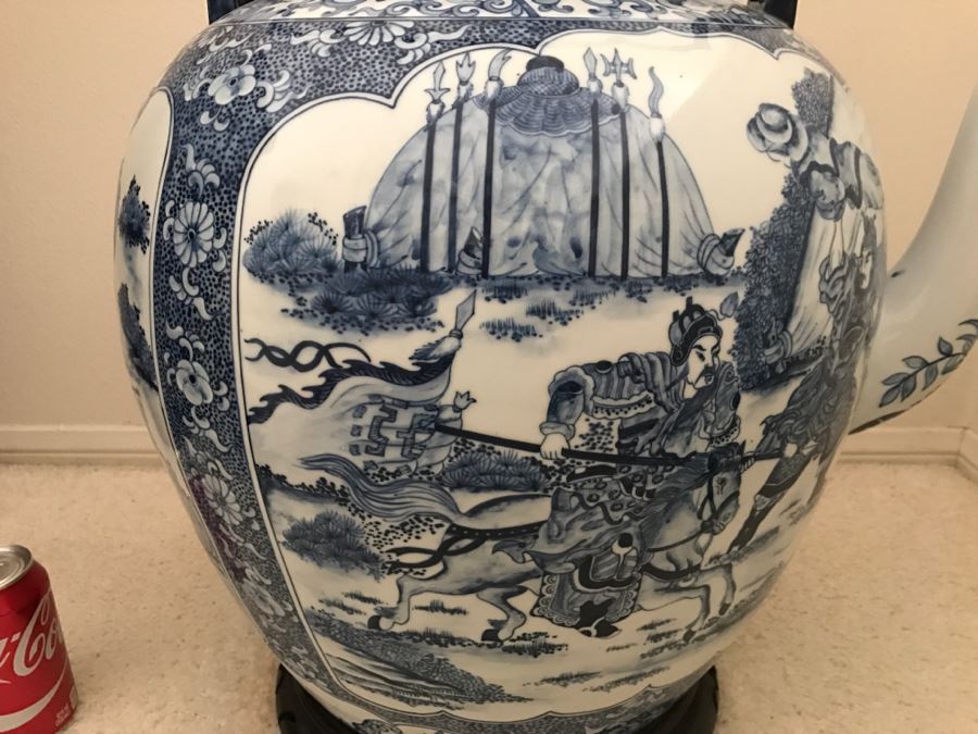 HUGE Signed Blue And White Asian Tea Pot With Brass Handle And Presentation Stand [Photo 15]
