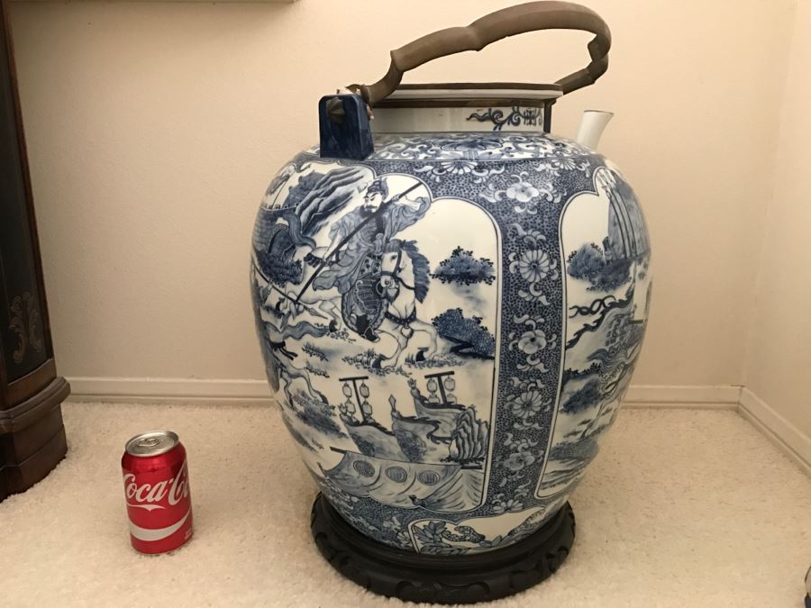 HUGE Signed Blue And White Asian Tea Pot With Brass Handle And Presentation Stand [Photo 16]