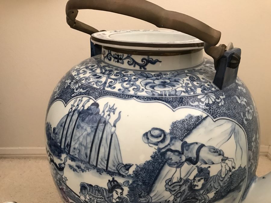 HUGE Signed Blue And White Asian Tea Pot With Brass Handle And Presentation Stand [Photo 13]