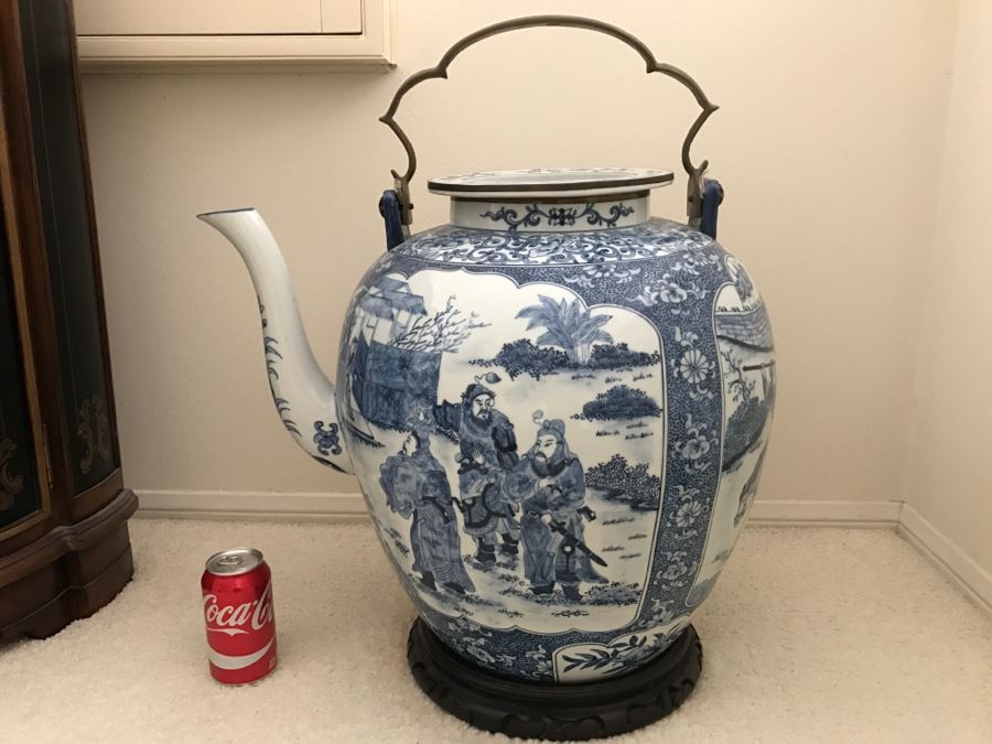 HUGE Signed Blue And White Asian Tea Pot With Brass Handle And Presentation Stand