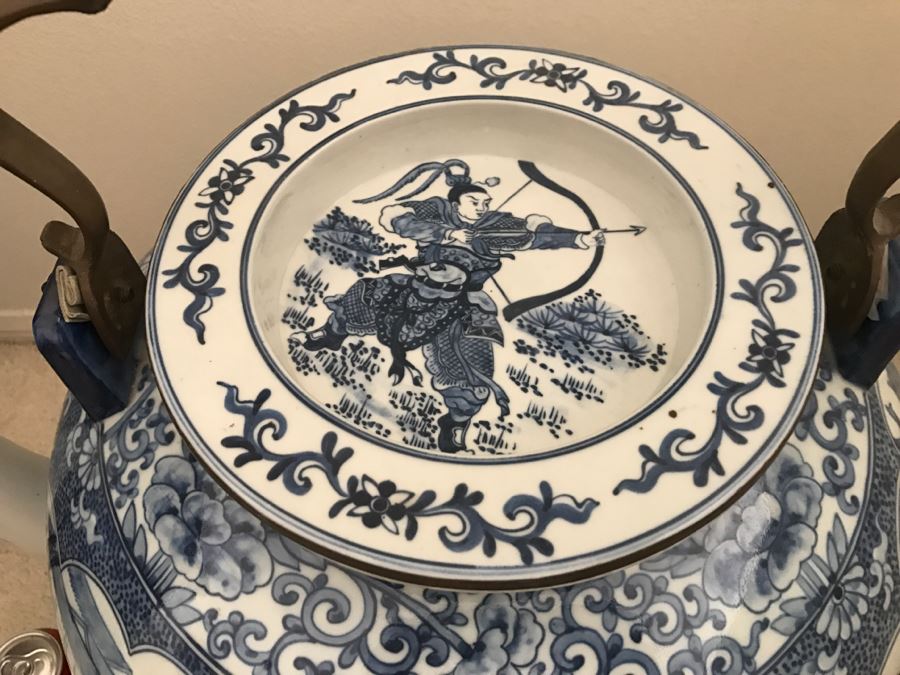 HUGE Signed Blue And White Asian Tea Pot With Brass Handle And Presentation Stand [Photo 7]