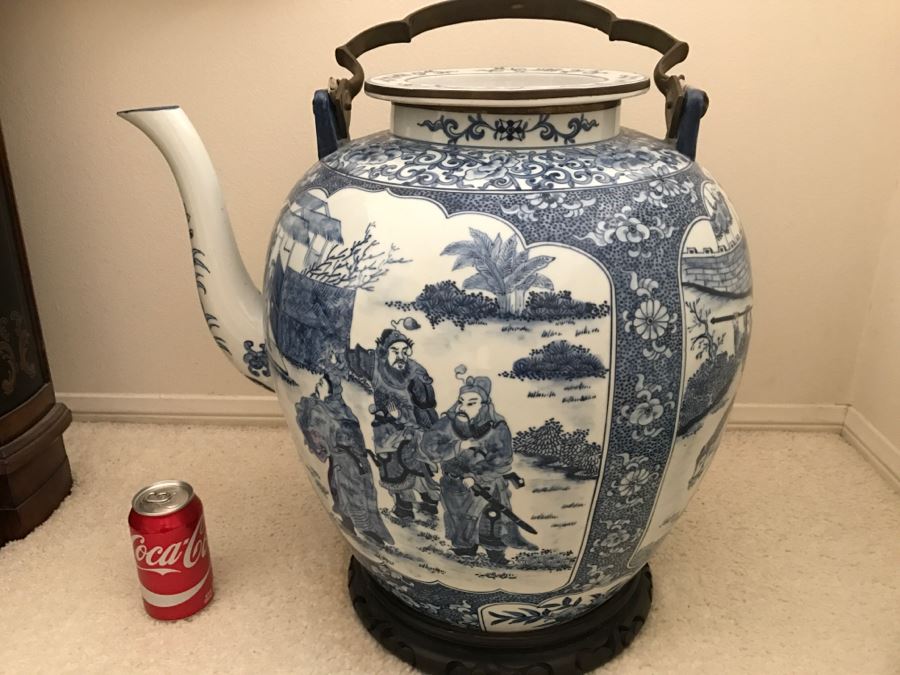 HUGE Signed Blue And White Asian Tea Pot With Brass Handle And Presentation Stand [Photo 19]