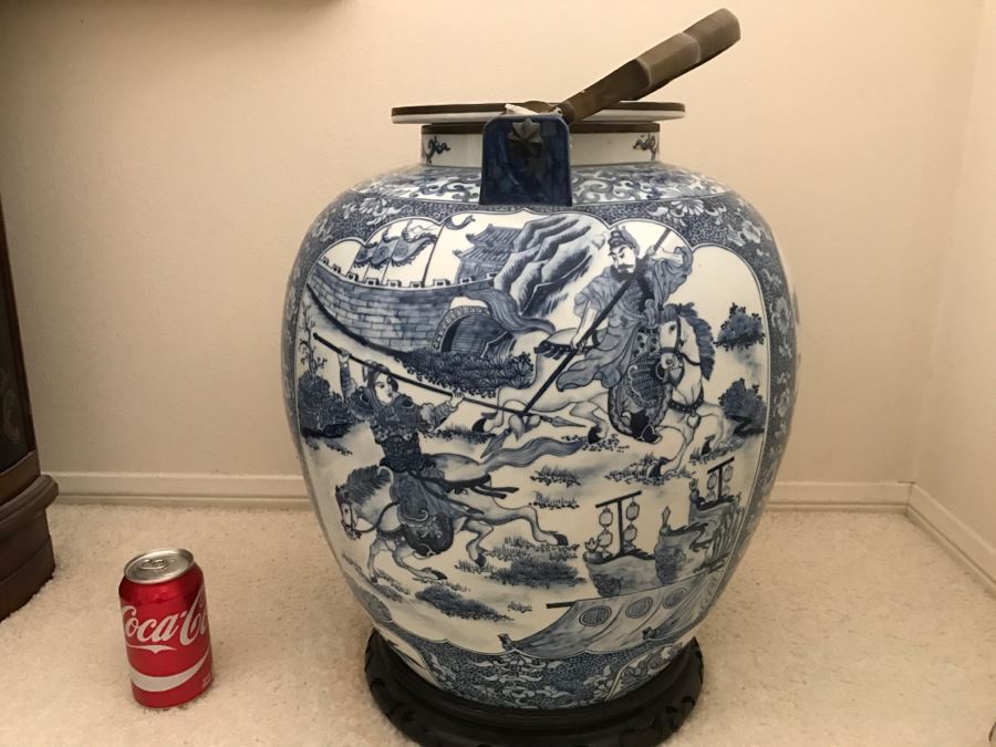 HUGE Signed Blue And White Asian Tea Pot With Brass Handle And Presentation Stand [Photo 17]