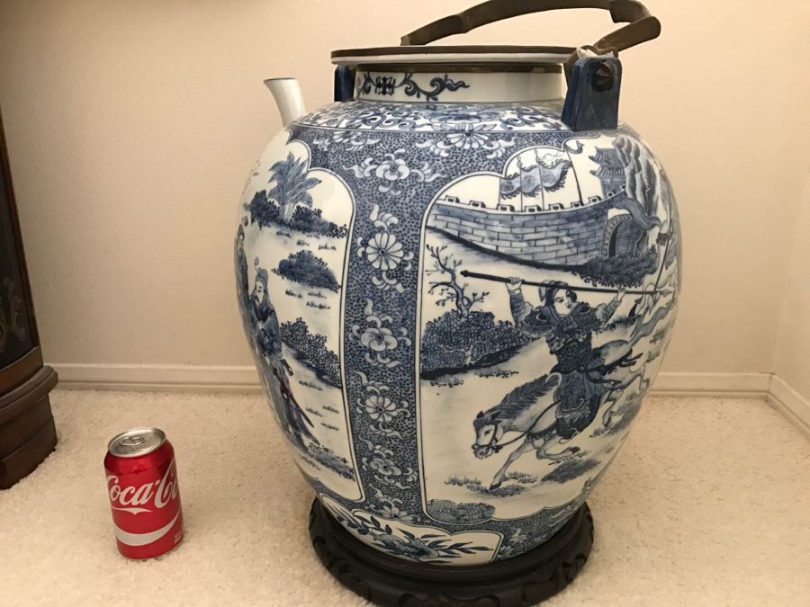 HUGE Signed Blue And White Asian Tea Pot With Brass Handle And Presentation Stand [Photo 18]