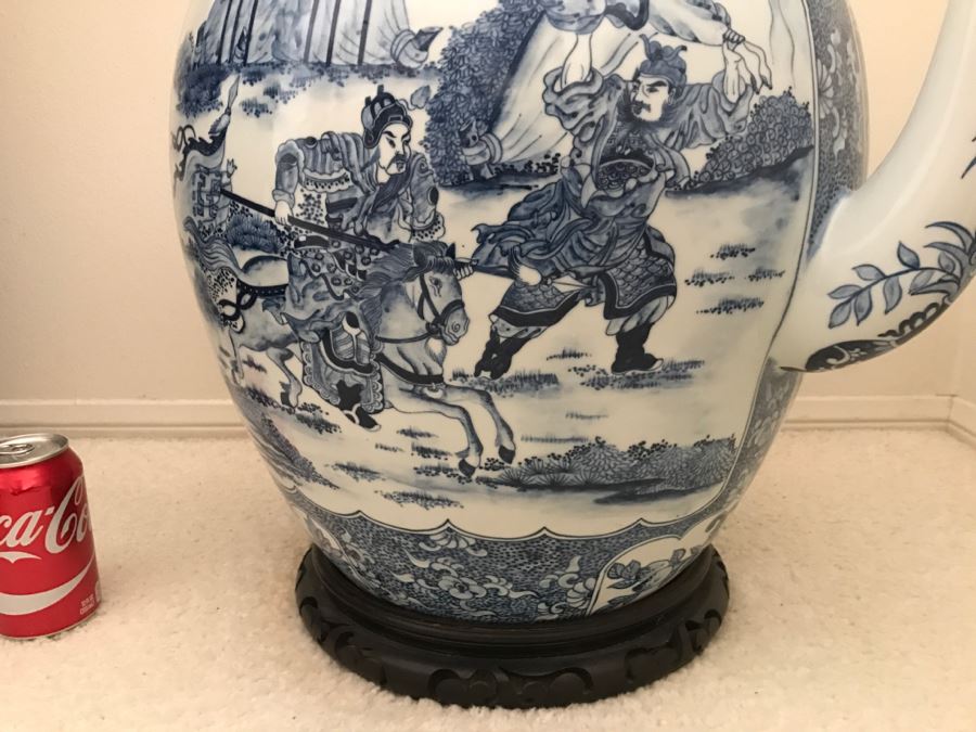 HUGE Signed Blue And White Asian Tea Pot With Brass Handle And Presentation Stand [Photo 12]