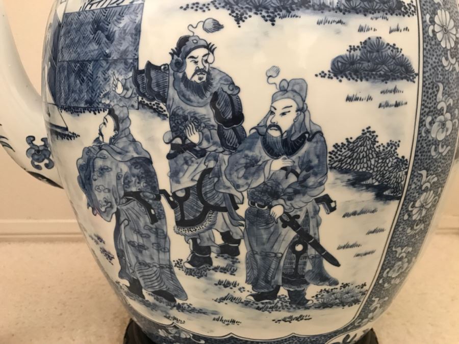 HUGE Signed Blue And White Asian Tea Pot With Brass Handle And Presentation Stand [Photo 3]