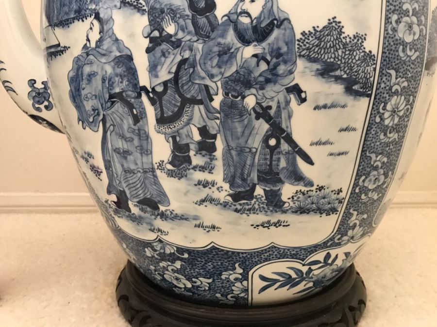 HUGE Signed Blue And White Asian Tea Pot With Brass Handle And Presentation Stand [Photo 4]