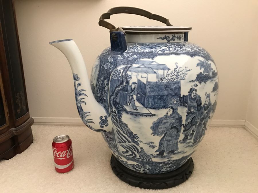 HUGE Signed Blue And White Asian Tea Pot With Brass Handle And Presentation Stand [Photo 8]
