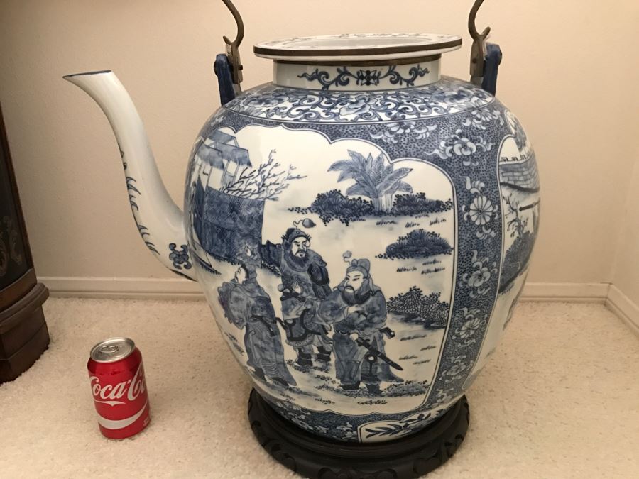 HUGE Signed Blue And White Asian Tea Pot With Brass Handle And Presentation Stand [Photo 2]