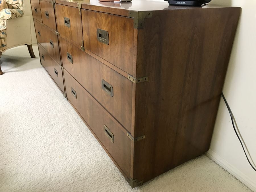 Henredon Fine Furniture Campaign Style Wooden Chest Of Drawers With Brass Pulls- 2 Pieces [Photo 4]