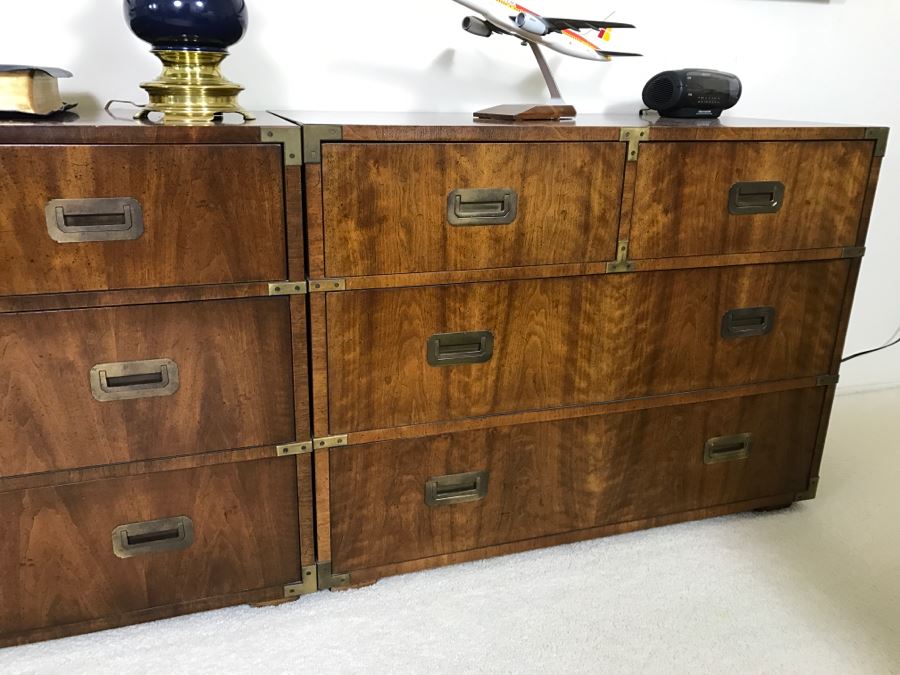 Henredon Fine Furniture Campaign Style Wooden Chest Of Drawers With Brass Pulls- 2 Pieces [Photo 3]