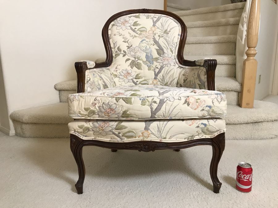 Nice Wooden Armchair With Floral And Bird Motif Upholstery