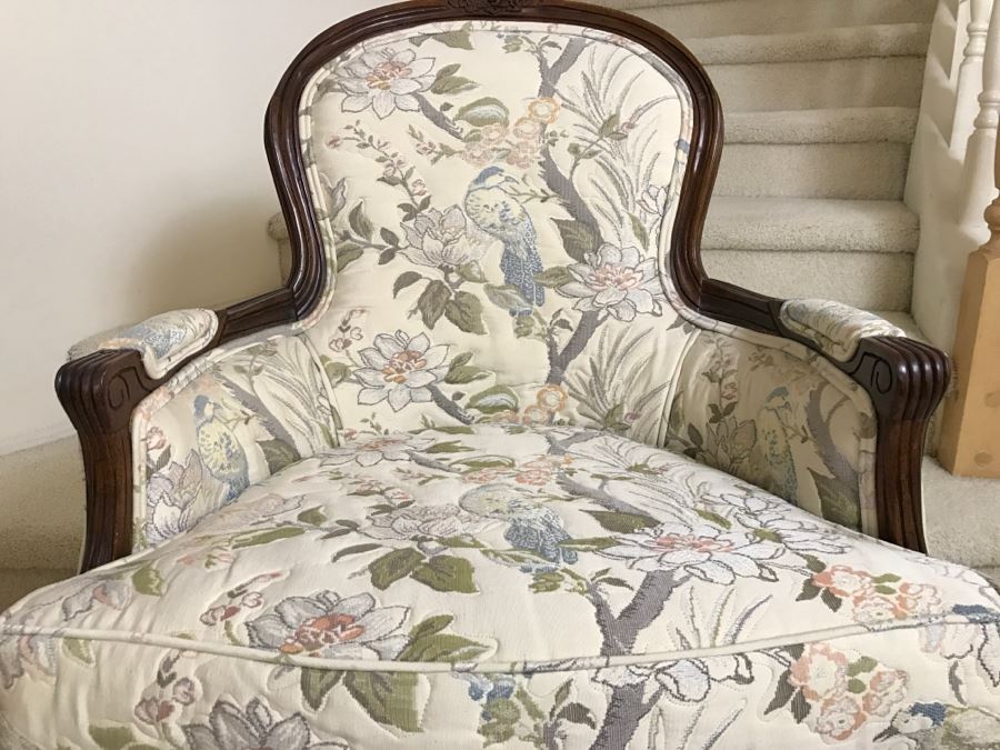 Nice Wooden Armchair With Floral And Bird Motif Upholstery [Photo 3]