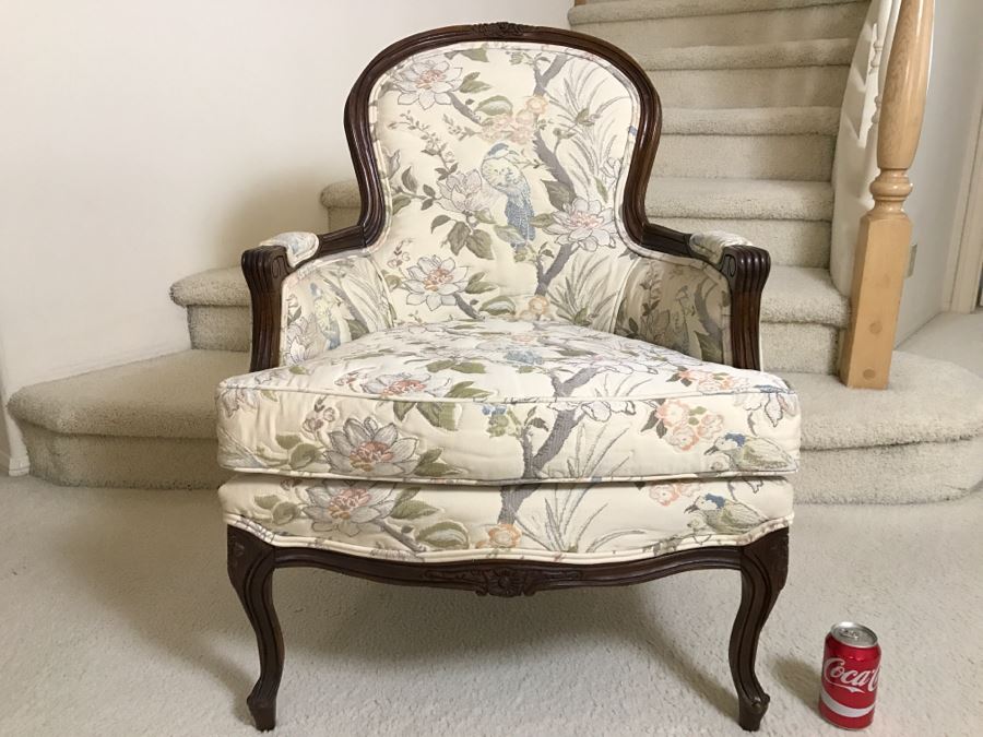 Nice Wooden Armchair With Floral And Bird Motif Upholstery [Photo 2]