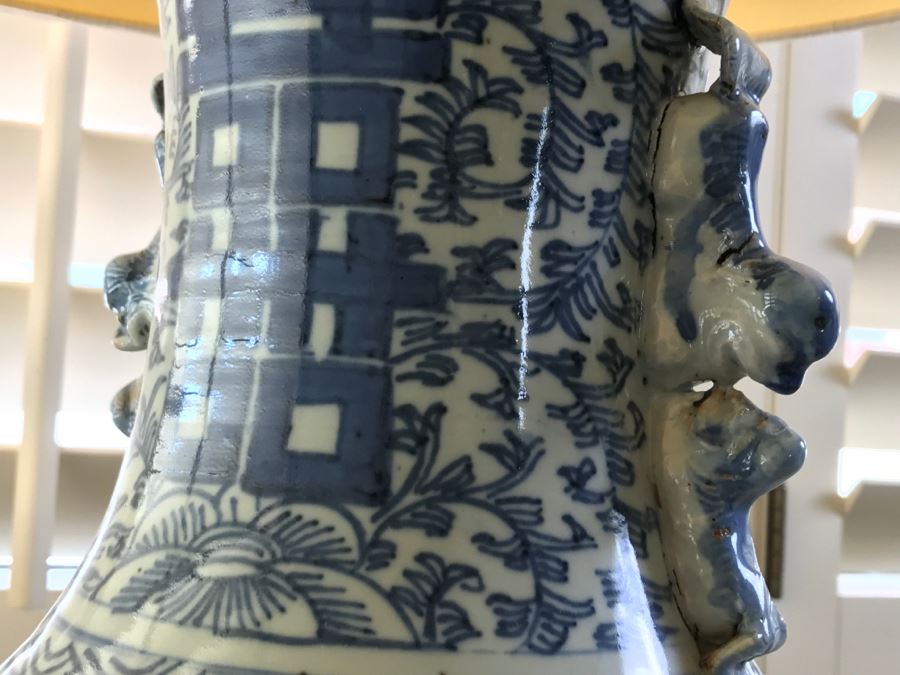 Large Asian Blue And White Pottery Lamp With Shade [Photo 20]