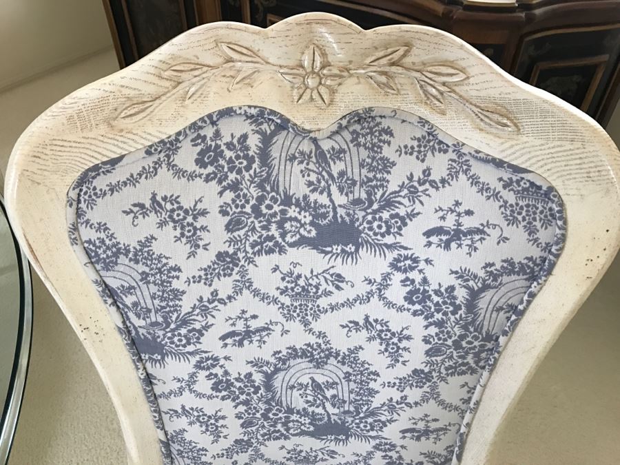 Beautiful Set Of 4 Century Furniture Blue And White Armchairs With Round Glass Top Pedestal Dining Table [Photo 11]