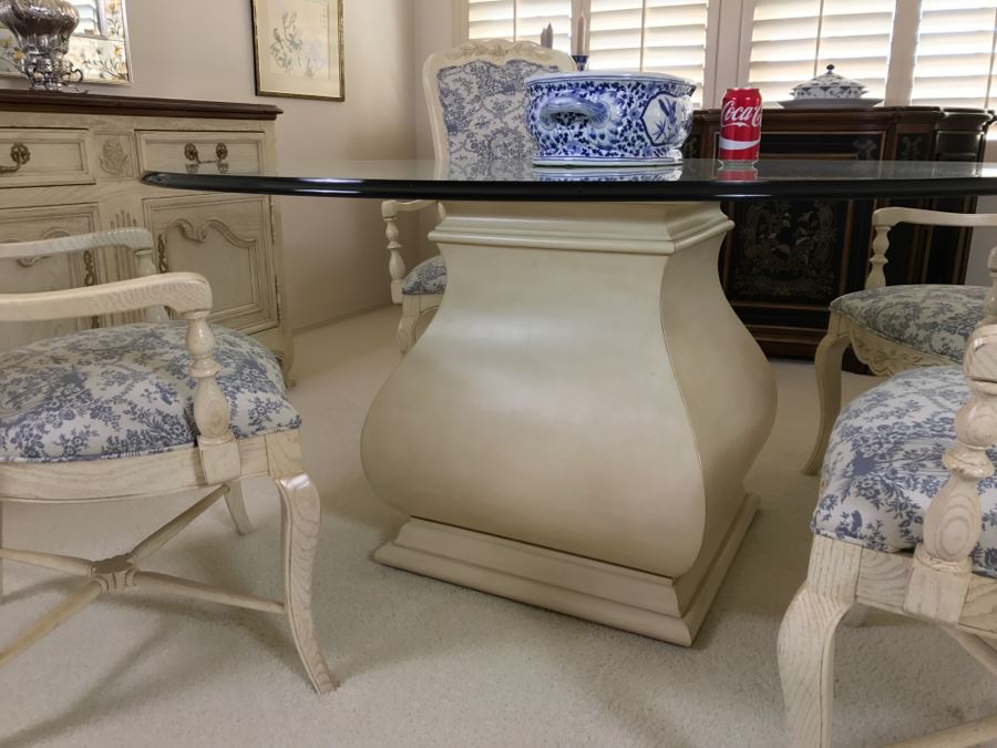 Beautiful Set Of 4 Century Furniture Blue And White Armchairs With Round Glass Top Pedestal Dining Table [Photo 3]