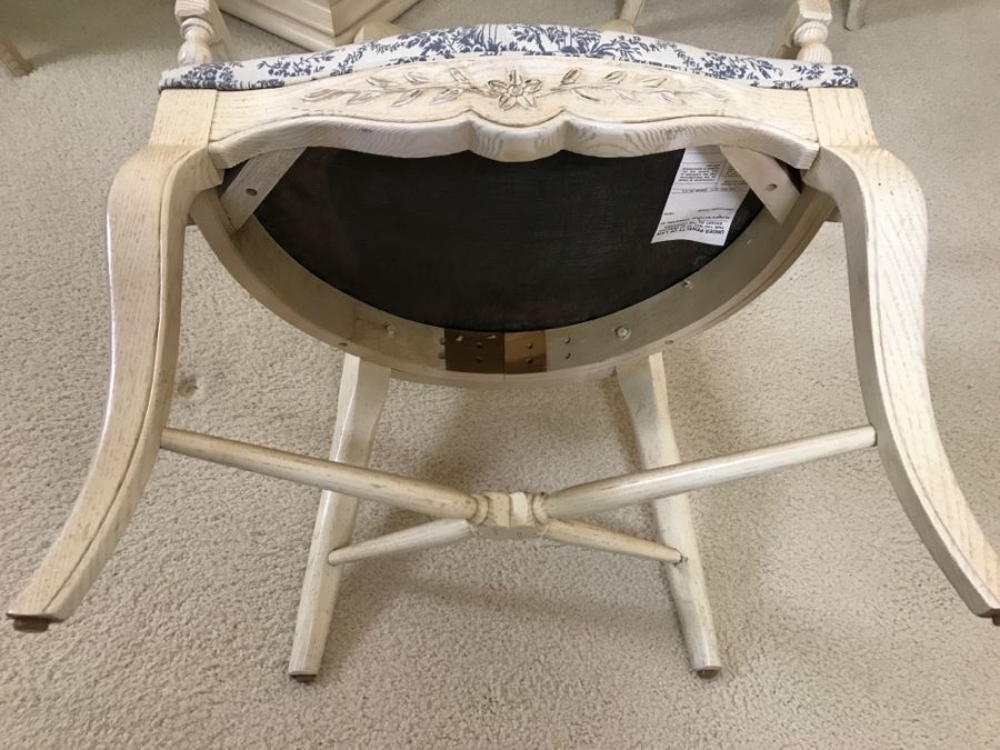 Beautiful Set Of 4 Century Furniture Blue And White Armchairs With Round Glass Top Pedestal Dining Table [Photo 6]