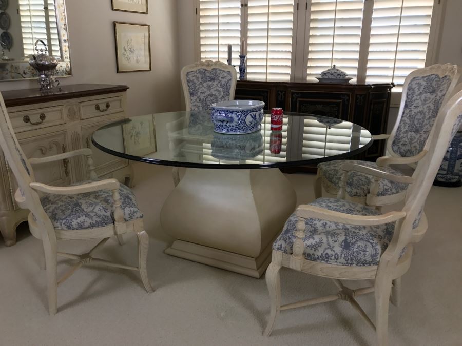 Beautiful Set Of 4 Century Furniture Blue And White Armchairs With Round Glass Top Pedestal Dining Table [Photo 2]
