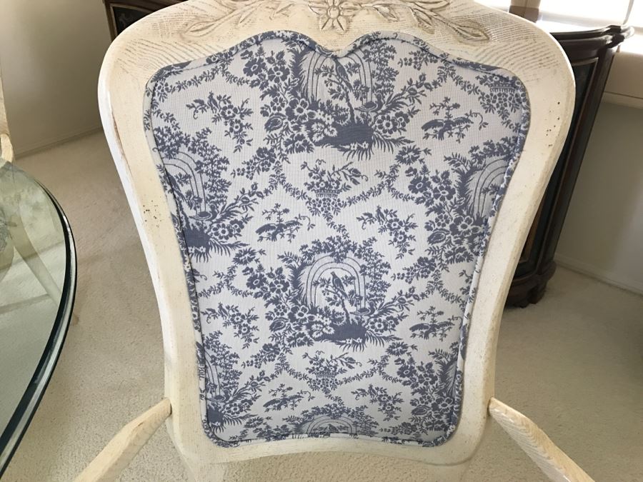 Beautiful Set Of 4 Century Furniture Blue And White Armchairs With Round Glass Top Pedestal Dining Table [Photo 12]