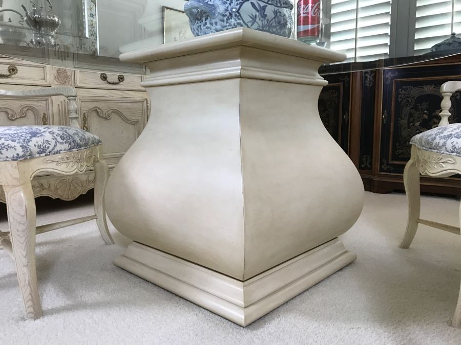 Beautiful Set Of 4 Century Furniture Blue And White Armchairs With Round Glass Top Pedestal Dining Table [Photo 9]