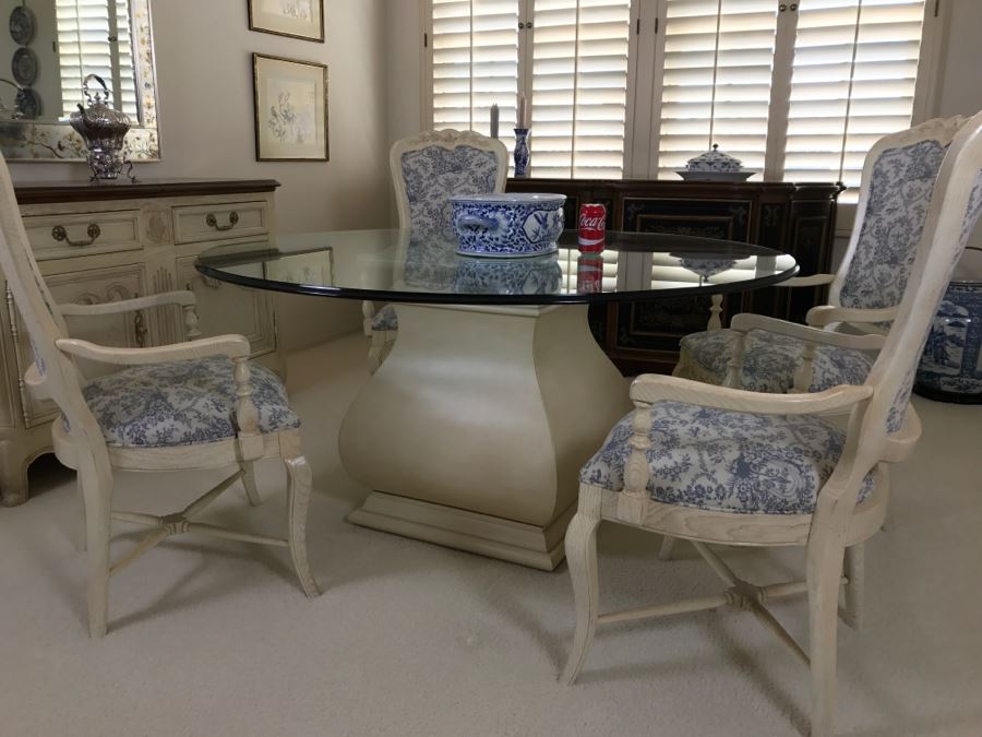 Beautiful Set Of 4 Century Furniture Blue And White Armchairs With Round Glass Top Pedestal Dining Table