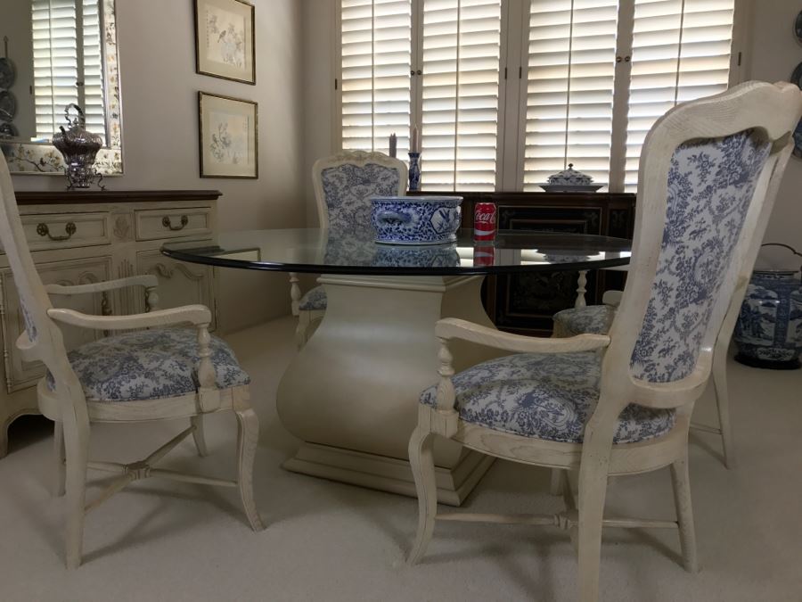 Beautiful Set Of 4 Century Furniture Blue And White Armchairs With Round Glass Top Pedestal Dining Table [Photo 4]