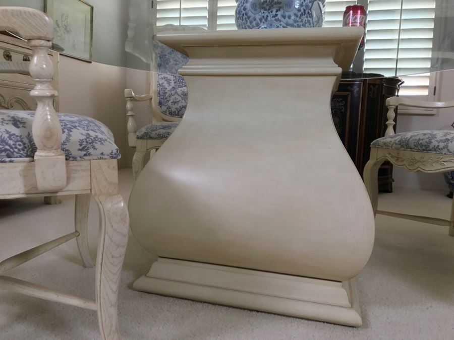 Beautiful Set Of 4 Century Furniture Blue And White Armchairs With Round Glass Top Pedestal Dining Table [Photo 10]