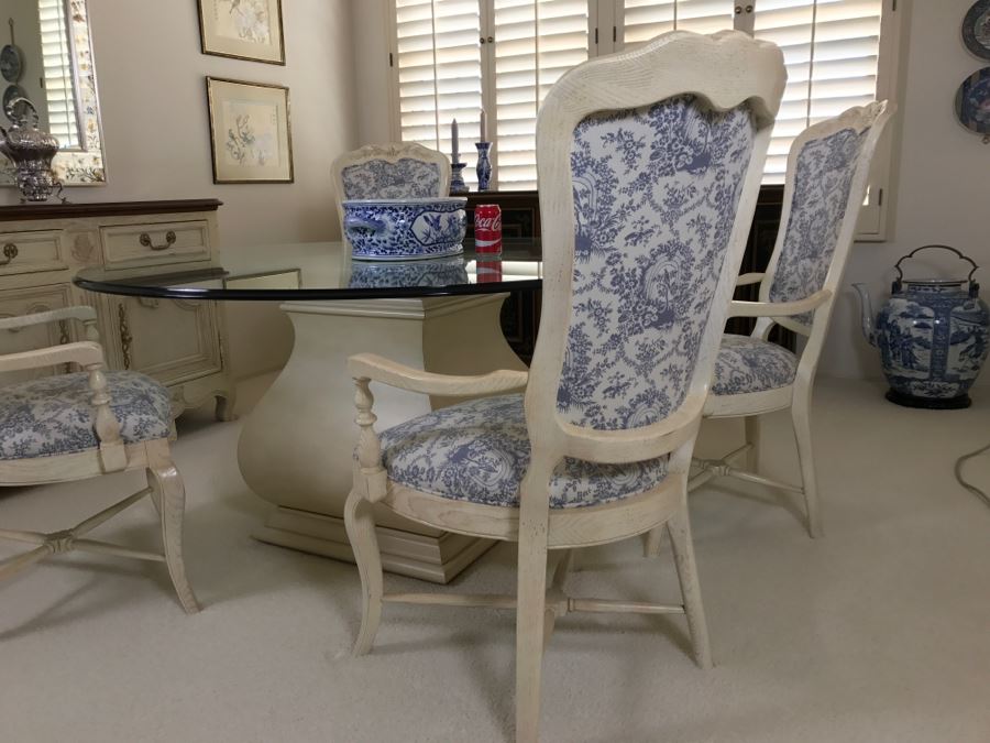 Beautiful Set Of 4 Century Furniture Blue And White Armchairs With Round Glass Top Pedestal Dining Table [Photo 5]