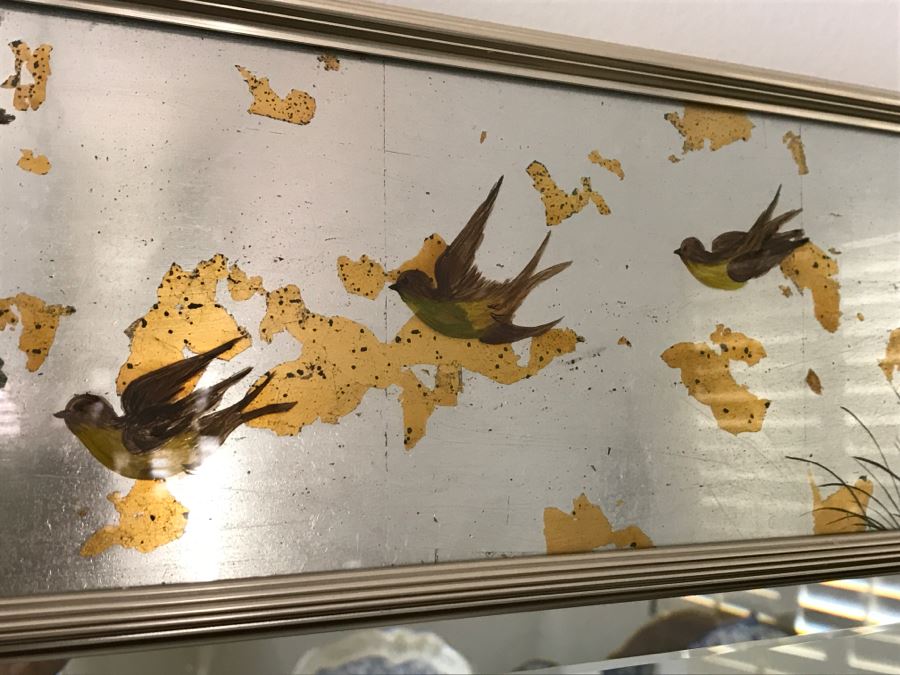 Stunning Silver Beveled Glass Wall Mirror With Floral And Bird Motif [Photo 3]