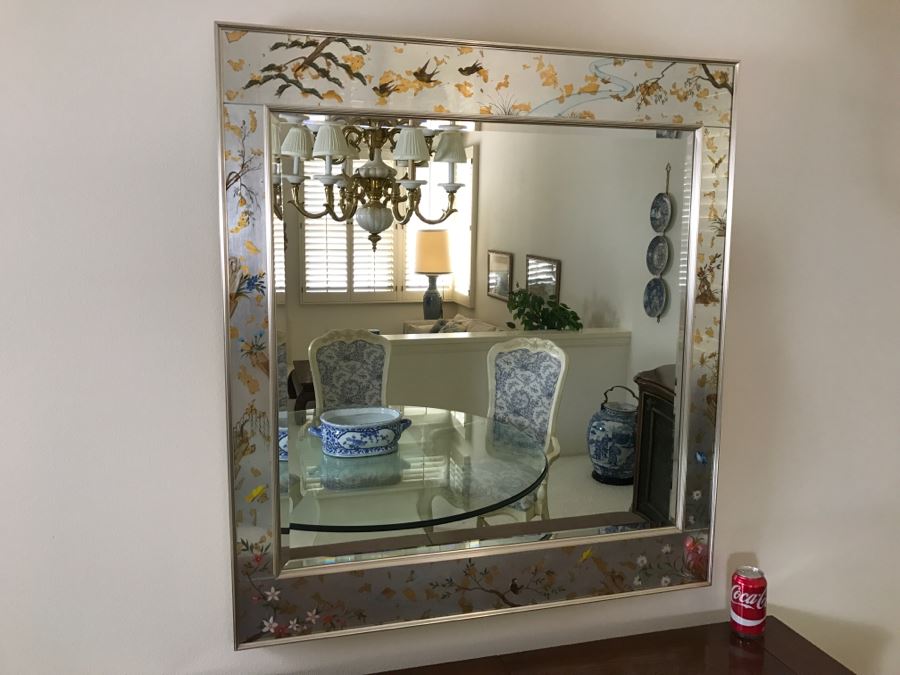 Stunning Silver Beveled Glass Wall Mirror With Floral And Bird Motif