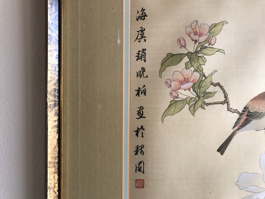 Framed Original Signed Chinese Silk Painting Bird And Floral Motif [Photo 8]