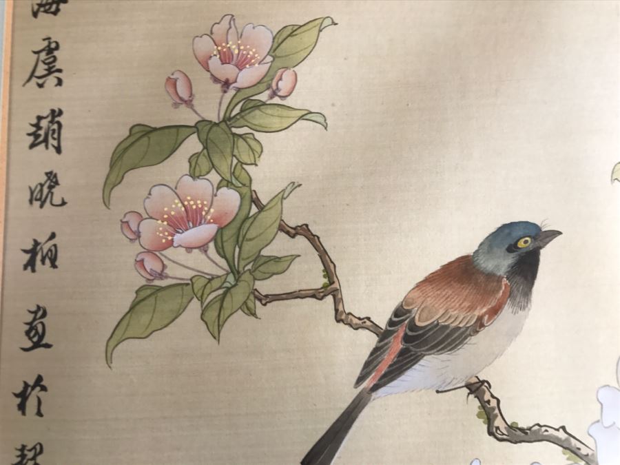 Framed Original Signed Chinese Silk Painting Bird And Floral Motif [Photo 6]