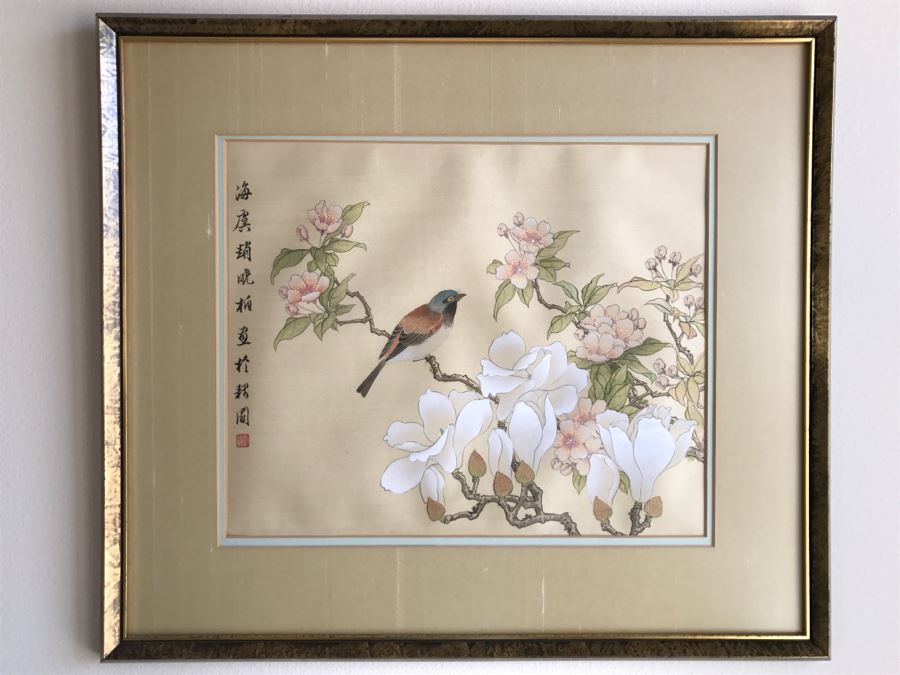Framed Original Signed Chinese Silk Painting Bird And Floral Motif