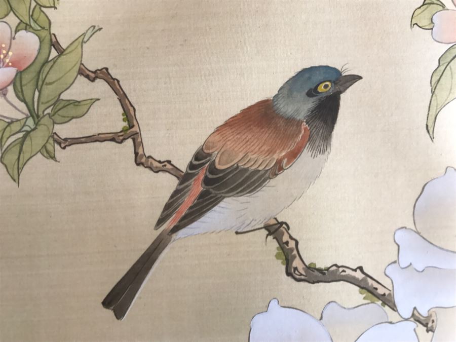 Framed Original Signed Chinese Silk Painting Bird And Floral Motif [Photo 3]