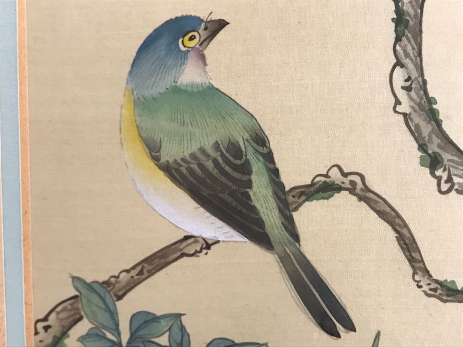 Framed Original Signed Chinese Silk Painting Bird And Floral Motif [Photo 4]