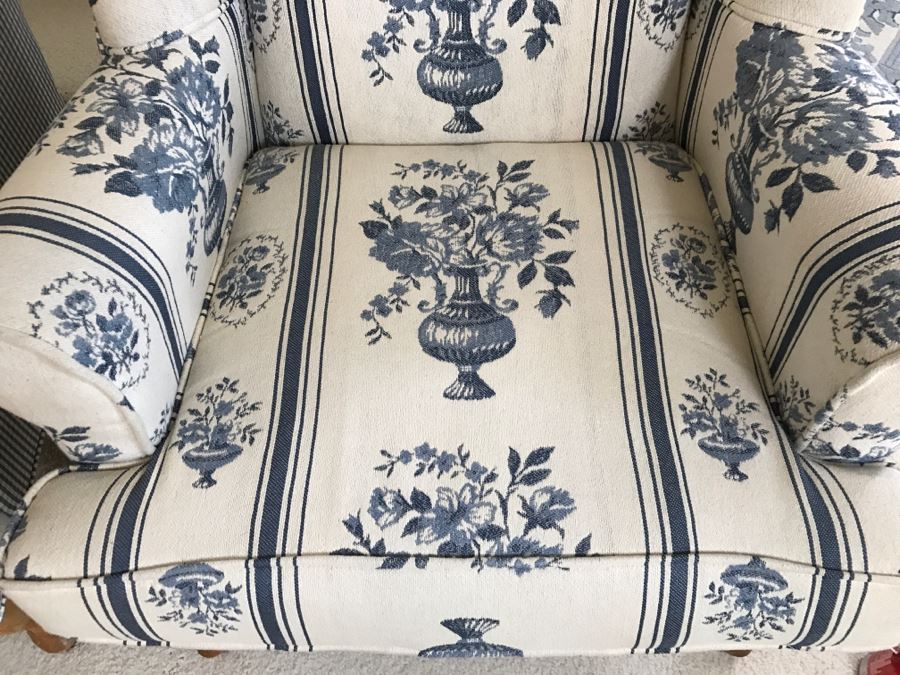 Pair Of Blue And White Upholstered Wingback Armchairs [Photo 4]