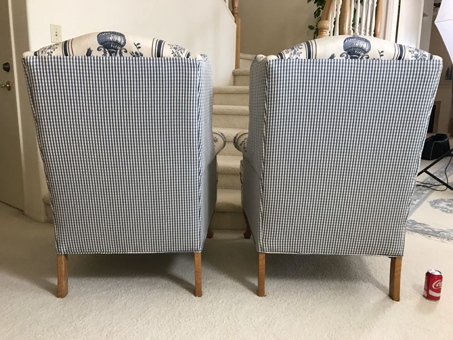 Pair Of Blue And White Upholstered Wingback Armchairs [Photo 9]
