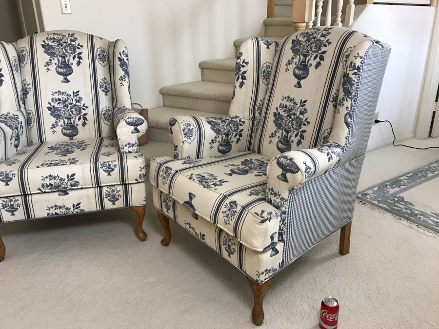 Pair Of Blue And White Upholstered Wingback Armchairs [Photo 7]