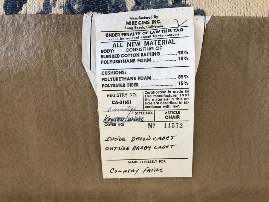 Pair Of Blue And White Upholstered Wingback Armchairs [Photo 6]