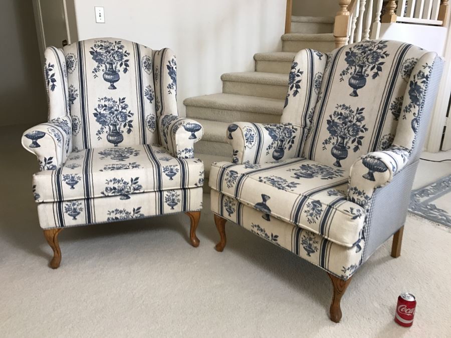 Pair Of Blue And White Upholstered Wingback Armchairs