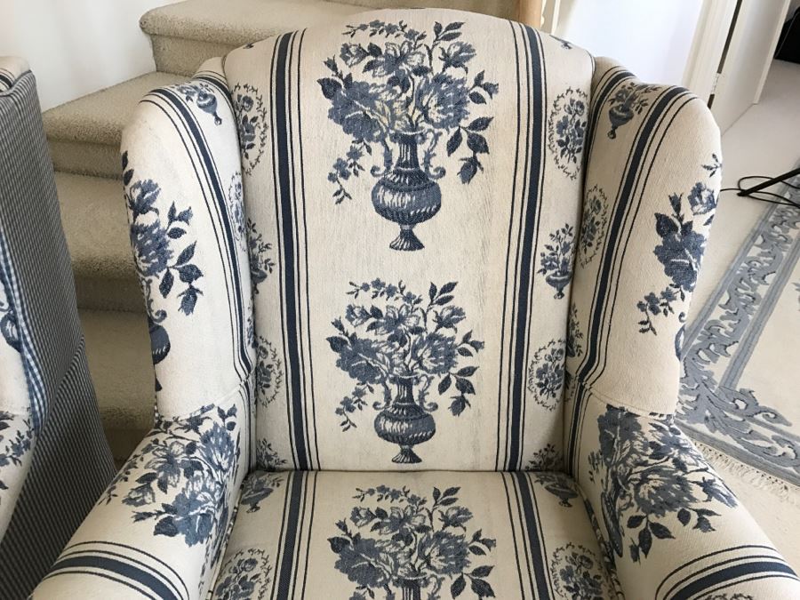 Pair Of Blue And White Upholstered Wingback Armchairs [Photo 5]