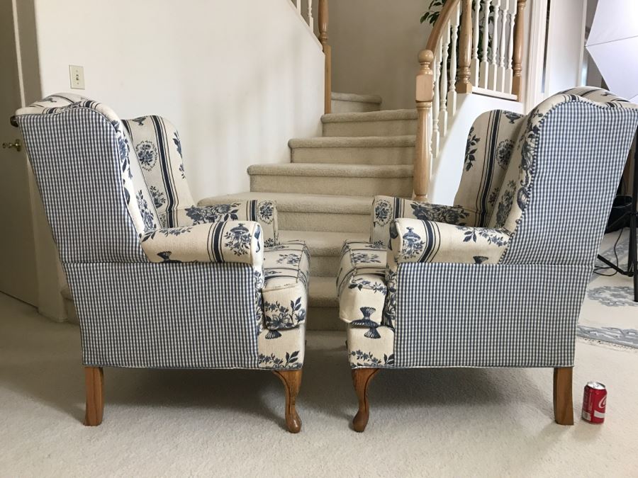 Pair Of Blue And White Upholstered Wingback Armchairs [Photo 8]