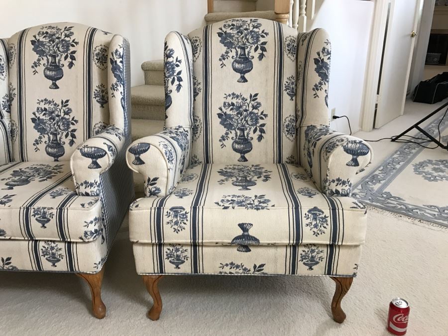 Pair Of Blue And White Upholstered Wingback Armchairs [Photo 3]