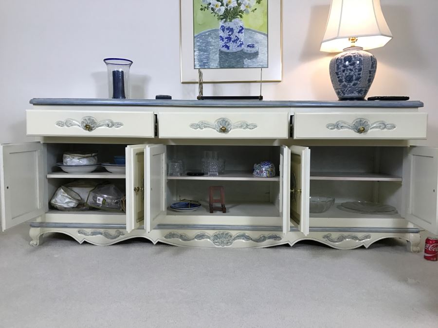 Long Blue And White Wooden Cabinet Credenza [Photo 5]