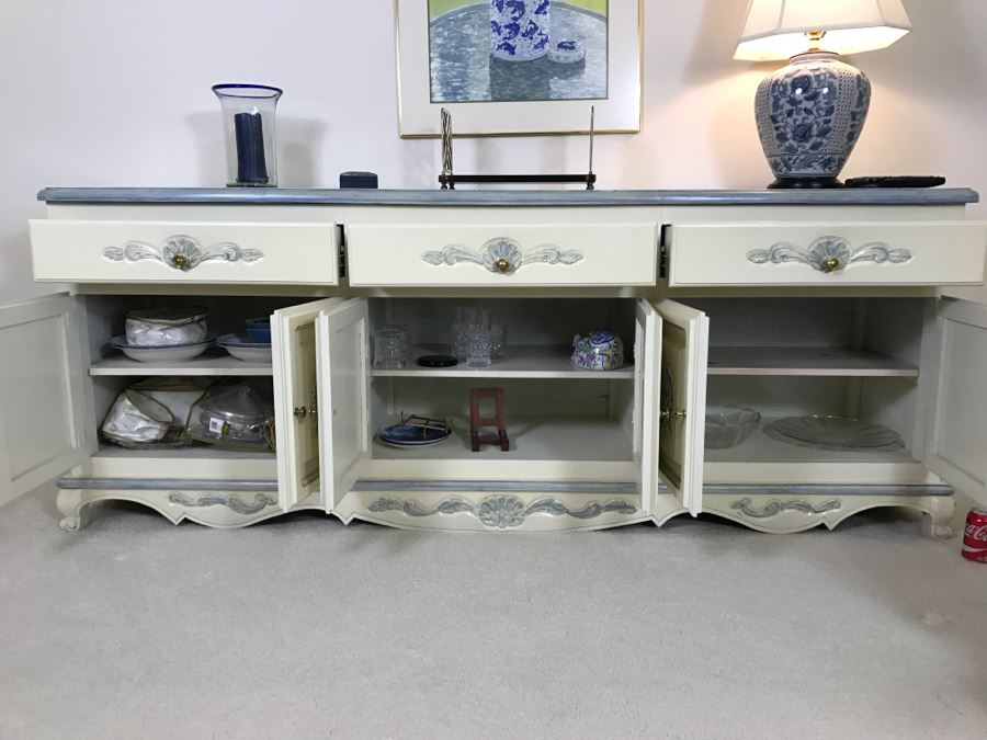 Long Blue And White Wooden Cabinet Credenza [Photo 6]